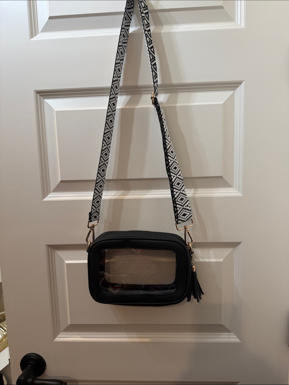 Amazon Black Crossbody Bag with Clear Front and Patterned Strap
